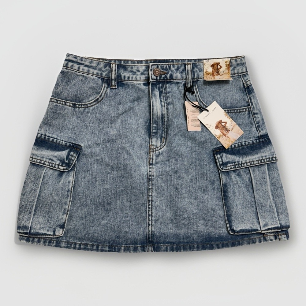 NWT Cargo Denim Mini Skirt Washed Blue‎ Y2K Utility Pockets Junior 11 Women's M